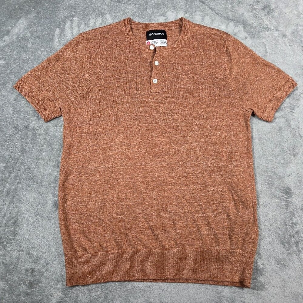 Bonobos Top Mens Small Rust Brown Marl Italian Linen Henley Preppy Sweater NWOT - Picture 2 of 10